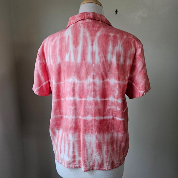 Cloth & Stone Anthropologie Tie Dye Button Up Short Sleeve Shirt Coral White S - Picture 5 of 7